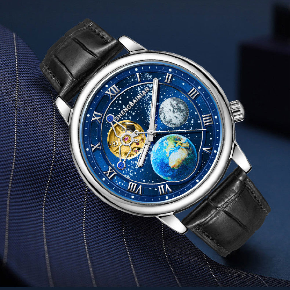 Men’s Luminous Starry Sky Mechanical Watch – Perspective Window, 20M Waterproof, Stylish Leisure Wristwatch