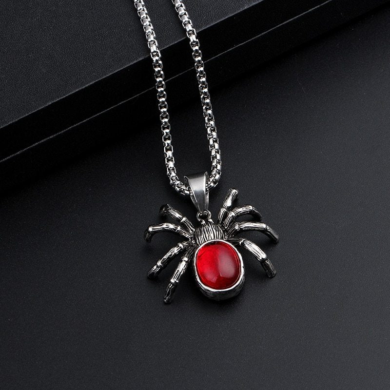 Men’s Gothic Black Widow Spider Pendant Necklace – Vintage Retro Biker Jewelry with Red Crystal, Unisex Punk Style