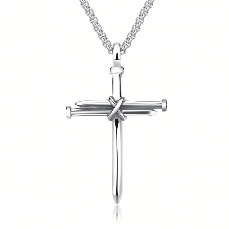 Men’s Stainless Steel Cross Pendant Necklace – Gold, Silver & Black Iron Nail Design with 3mm Box Chain