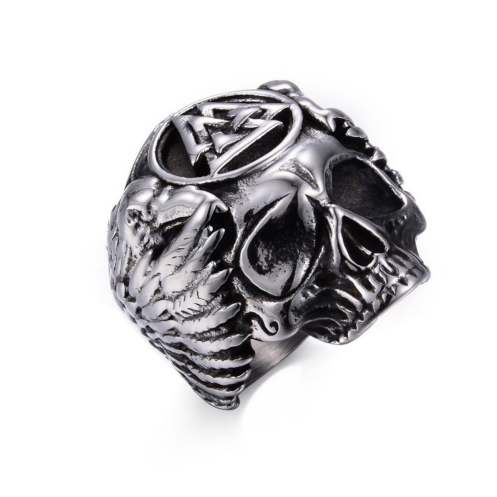 Odin with Ravens Viking Ring – Norse Valknut Skull Stainless Steel Men’s Amulet Jewelry