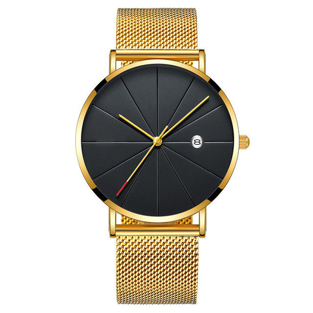 Ultra-Thin Men's Quartz Watch with Calendar – Casual Style, Stainless Steel Mesh Band