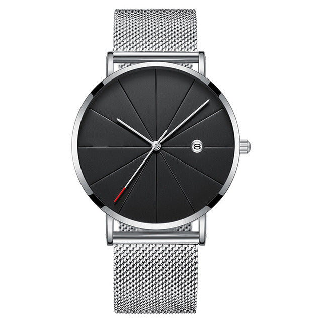 Ultra-Thin Men's Quartz Watch with Calendar – Casual Style, Stainless Steel Mesh Band