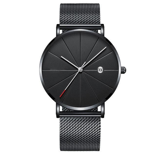 Ultra-Thin Men's Quartz Watch with Calendar – Casual Style, Stainless Steel Mesh Band
