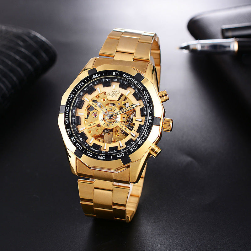 Men’s Luxury Mechanical Watch – Hollow Steel Band Automatic Wristwatch with Quartz Glass, High-End Fashion Design