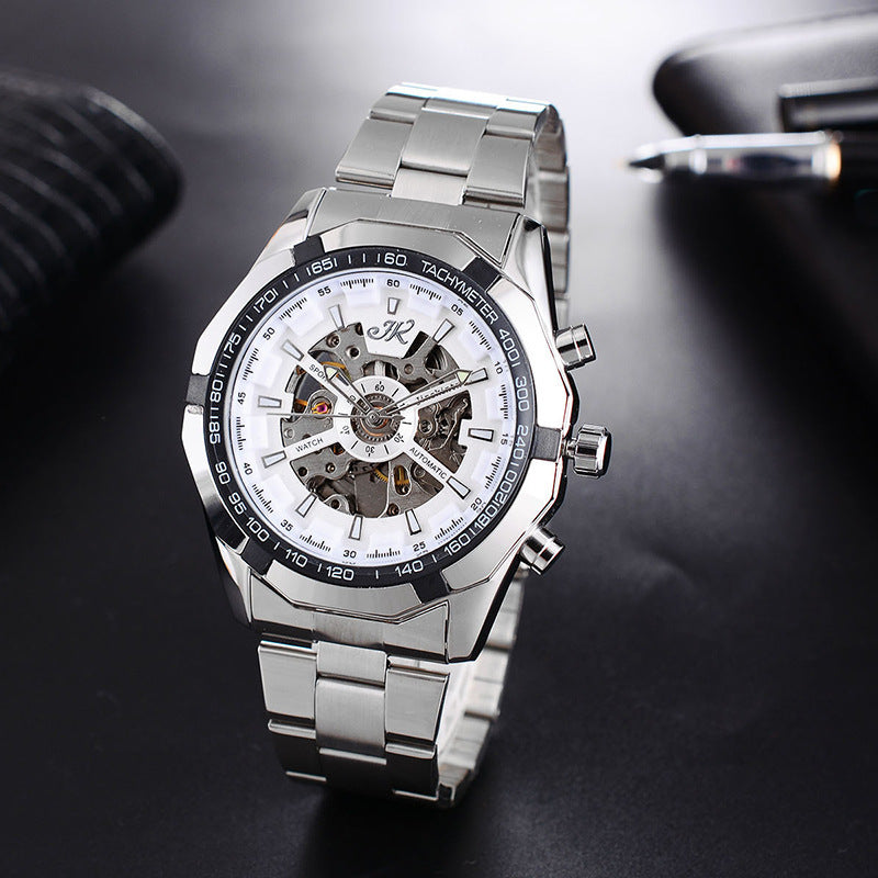 Men’s Luxury Mechanical Watch – Hollow Steel Band Automatic Wristwatch with Quartz Glass, High-End Fashion Design