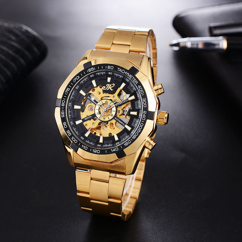 Men’s Luxury Mechanical Watch – Hollow Steel Band Automatic Wristwatch with Quartz Glass, High-End Fashion Design