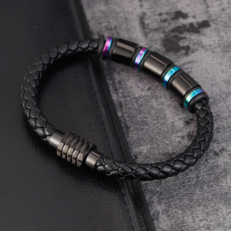 Men’s Leather Bracelet – Simple Geometric Design with Titanium Steel Clasp, Polished Finish, 19CM & 21CM