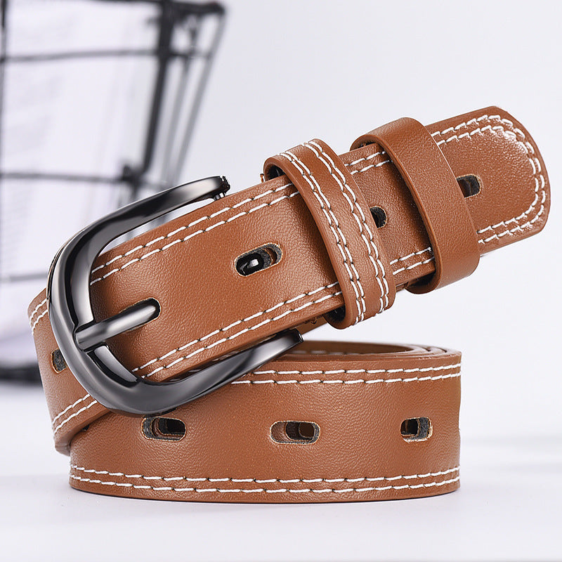 Unisex Hollow Out Thin PU Belt – Two-Line Korean Style All-Match Fashion Belt for Jeans