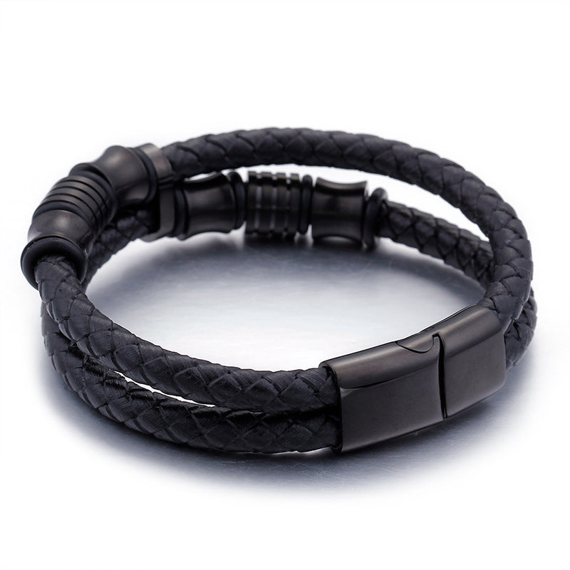 Gold Stainless Steel Leather Bracelet for Men – Black Wrap Wristband with Magnetic Clasp