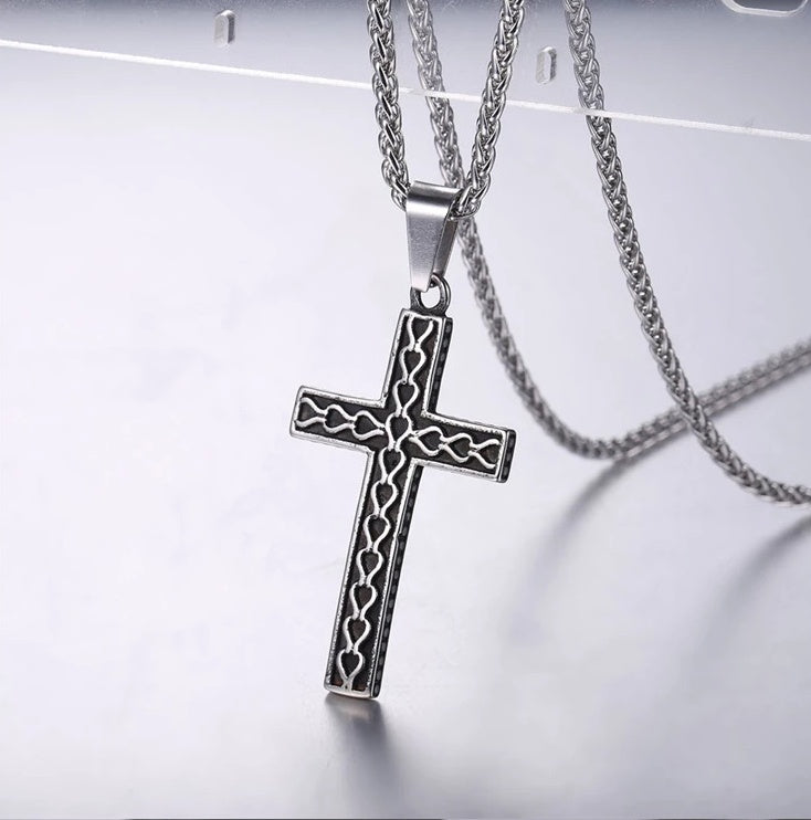 Men’s Vintage Cross Necklace – 316L Stainless Steel, Gold Plated Christian Jewelry with Chai