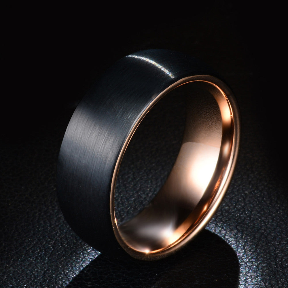 Men’s 8mm Black Stainless Steel Ring with Rose Gold Accent – Fashion Statement Band for Men