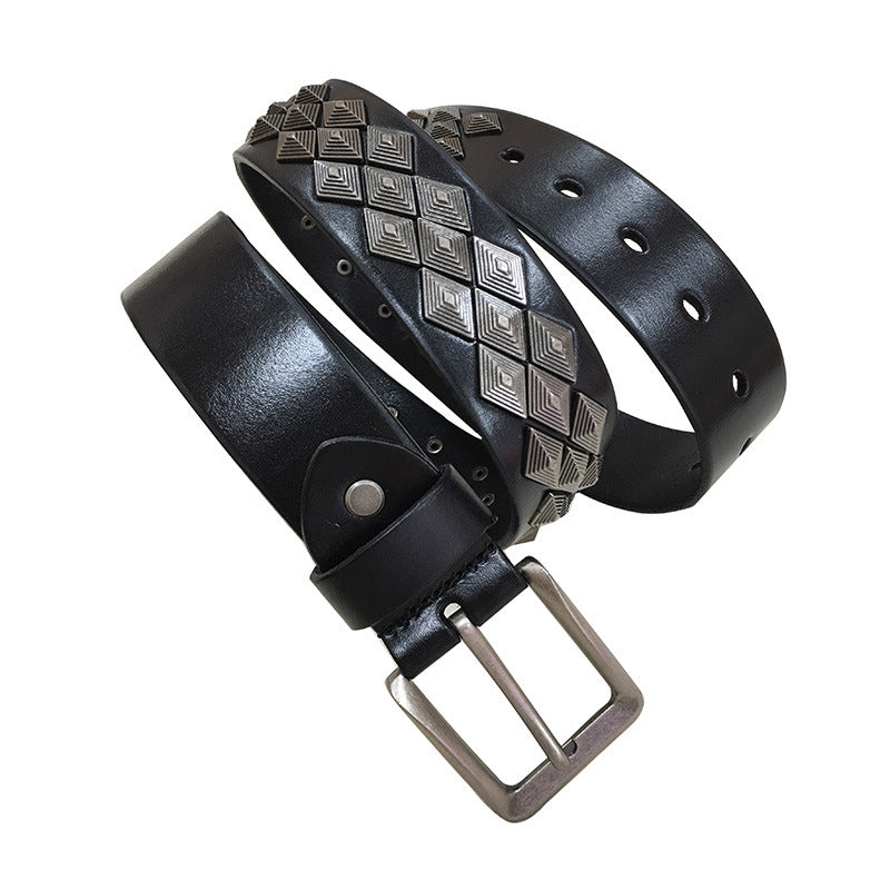 Unisex Rivet Leather Belt – First Layer Cowhide with Square Alloy Buckle