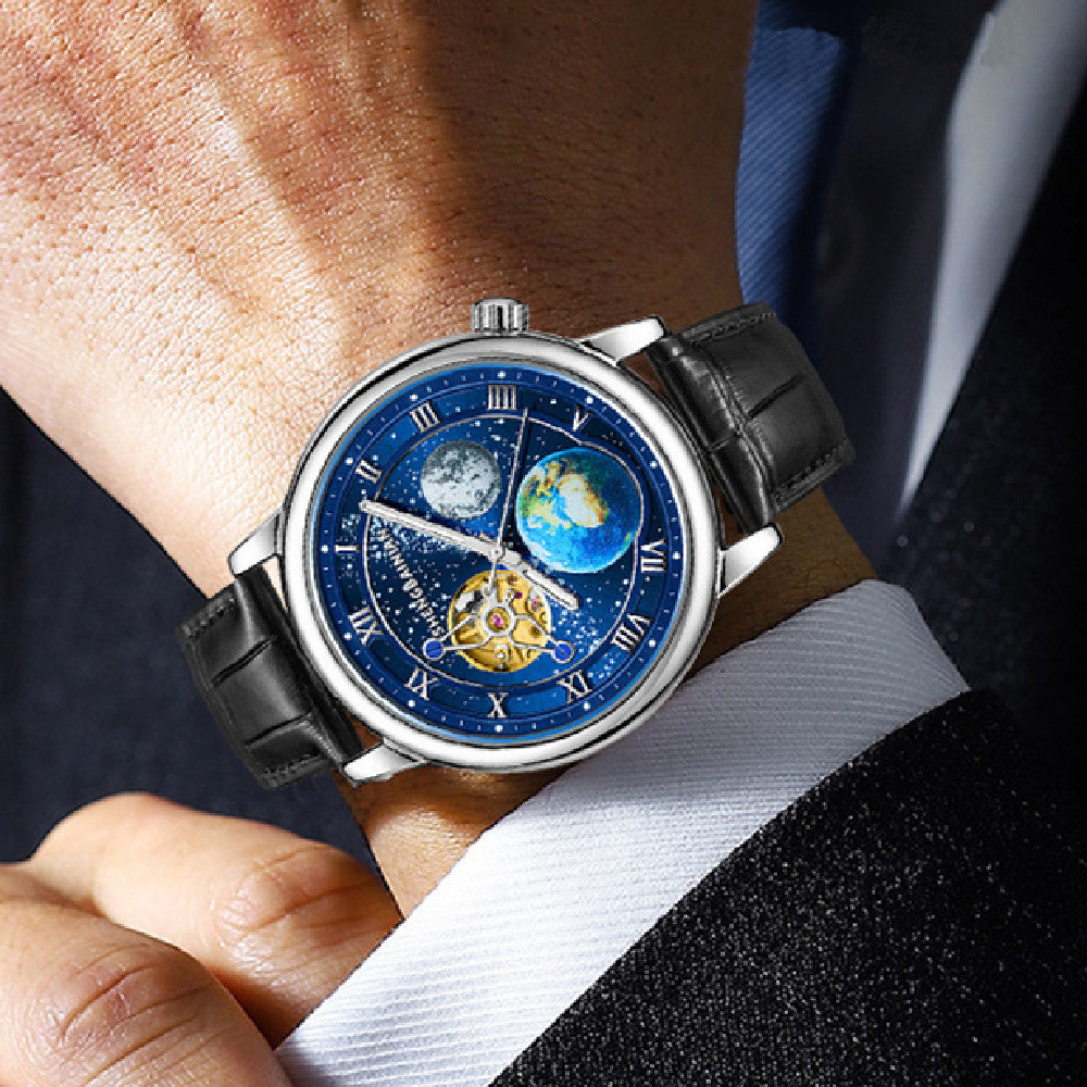 Men’s Luminous Starry Sky Mechanical Watch – Perspective Window, 20M Waterproof, Stylish Leisure Wristwatch