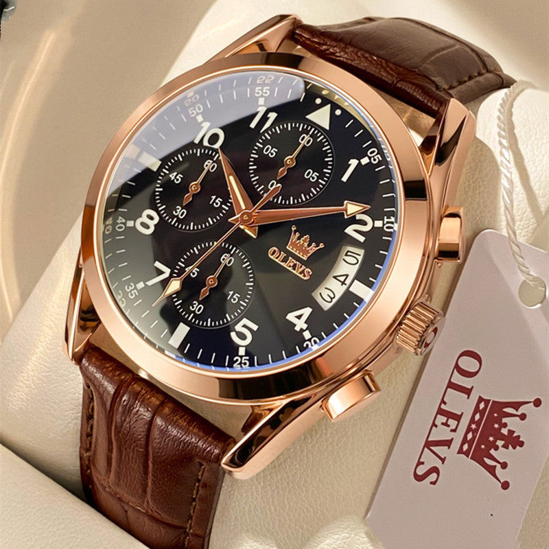 OLEVS Luxury Men’s Waterproof Quartz Watch – Luminous Dial with Leather Strap & Lifetime Warranty Options