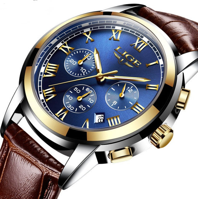 Men’s Leather Casual Sports Watch – Waterproof Quartz Wristwatch with Mineral Glass