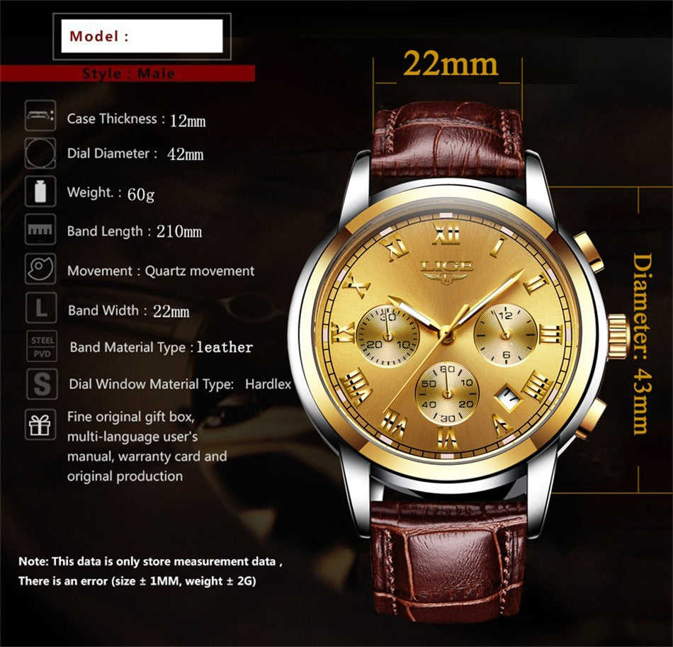 Men’s Leather Casual Sports Watch – Waterproof Quartz Wristwatch with Mineral Glass