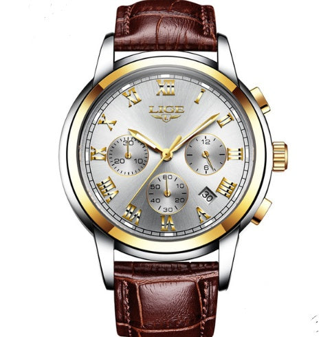 Men’s Leather Casual Sports Watch – Waterproof Quartz Wristwatch with Mineral Glass