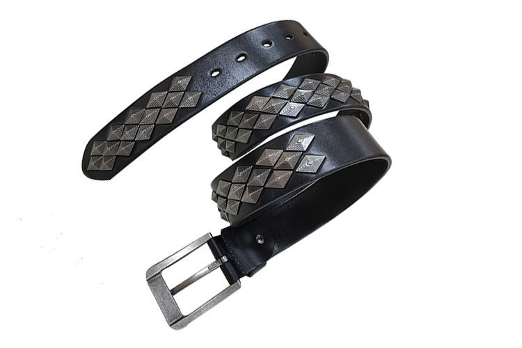 Unisex Rivet Leather Belt – First Layer Cowhide with Square Alloy Buckle
