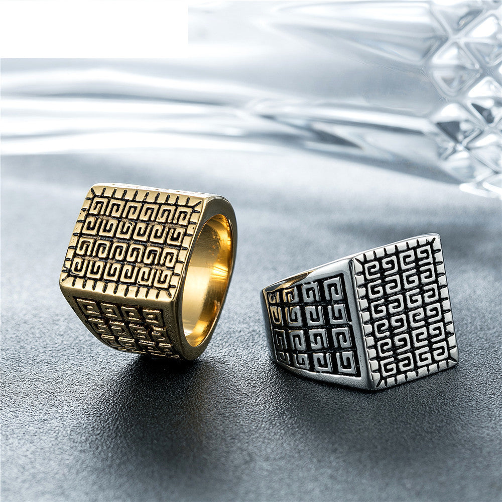 Square Simple Men’s Titanium Steel Ring – Retro Style Stainless Steel Band in Steel & Gold