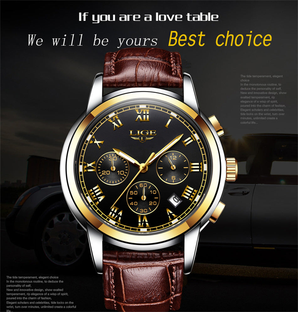 Men’s Leather Casual Sports Watch – Waterproof Quartz Wristwatch with Mineral Glass