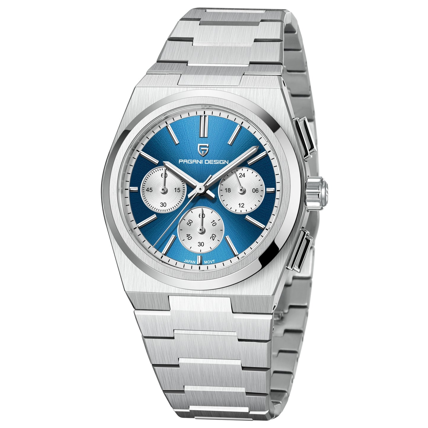 Men’s Blue Chronograph Quartz Watch – 100ATM Waterproof, Luminous Dial, Sapphire Glass, Stainless Steel Band