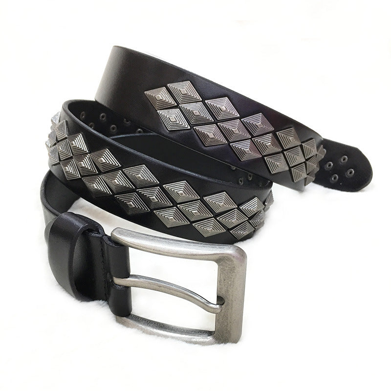 Unisex Rivet Leather Belt – First Layer Cowhide with Square Alloy Buckle