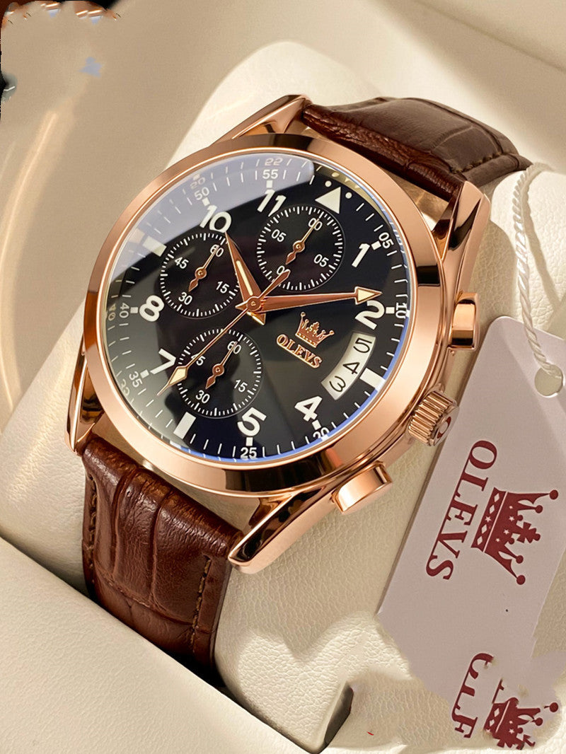 OLEVS Luxury Men’s Waterproof Quartz Watch – Luminous Dial with Leather Strap & Lifetime Warranty Options