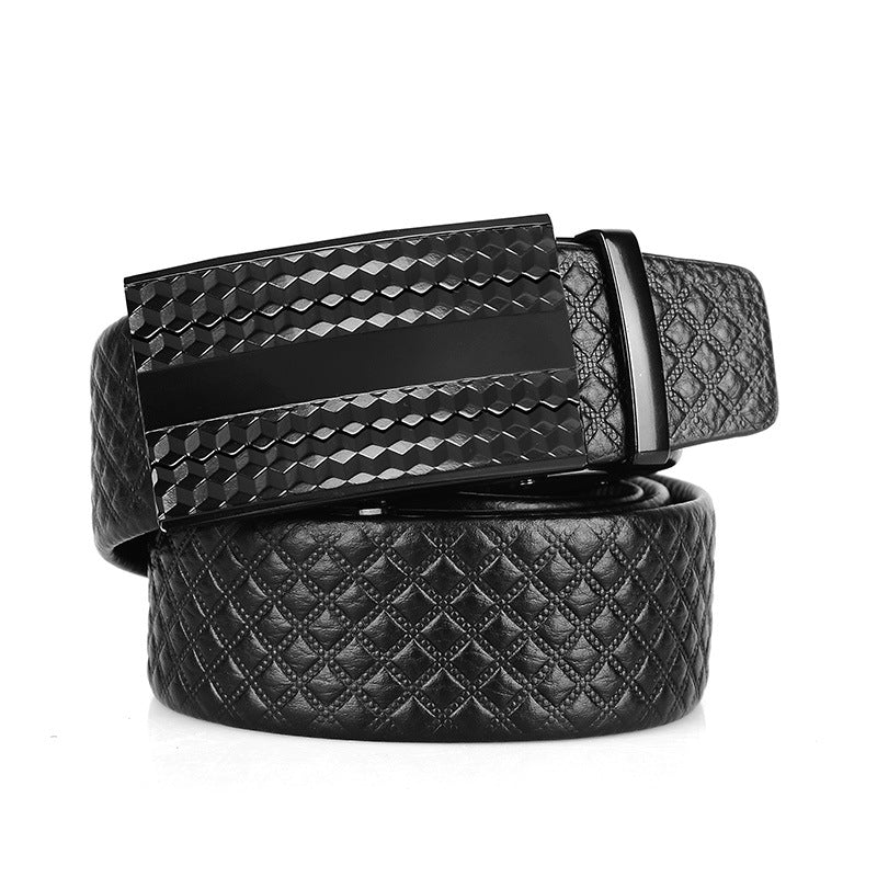 Genuine Leather Automatic Buckle Belt – First Layer Cowhide with Plaid Design