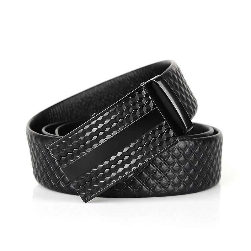 Genuine Leather Automatic Buckle Belt – First Layer Cowhide with Plaid Design