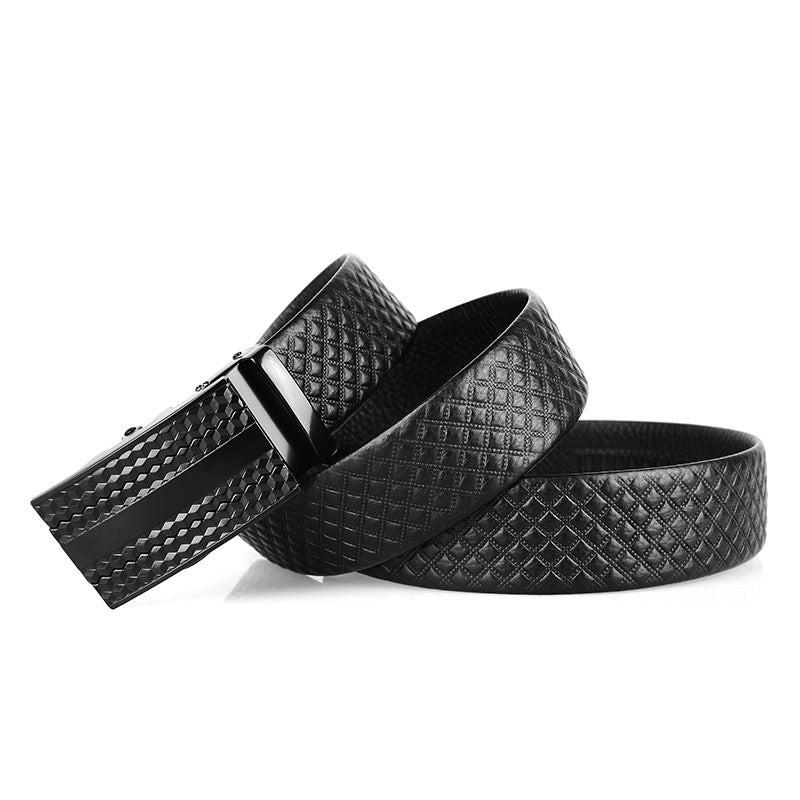 Genuine Leather Automatic Buckle Belt – First Layer Cowhide with Plaid Design