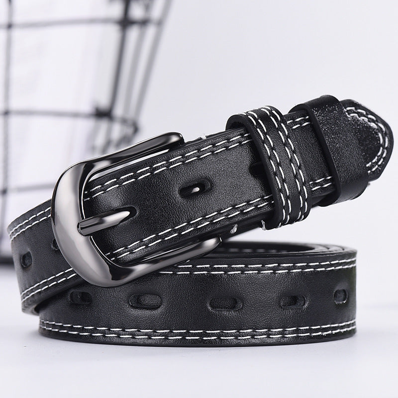 Unisex Hollow Out Thin PU Belt – Two-Line Korean Style All-Match Fashion Belt for Jeans