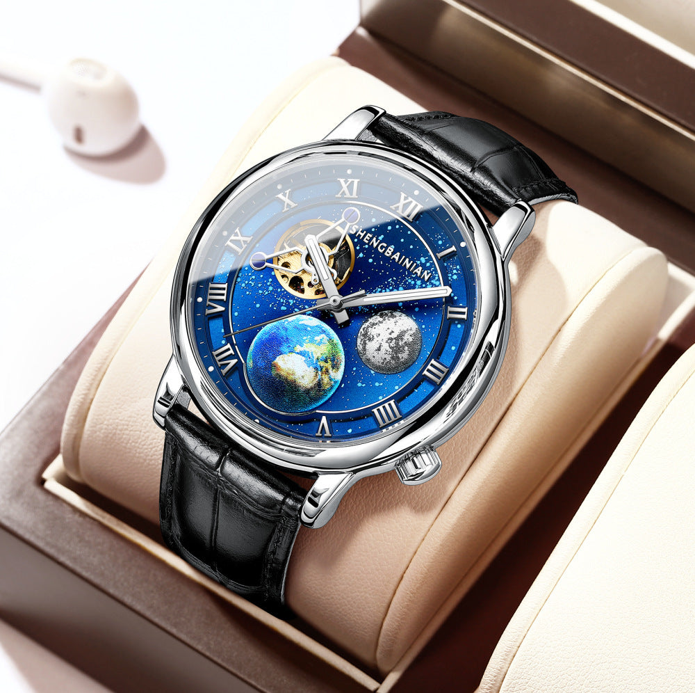 Men’s Luminous Starry Sky Mechanical Watch – Perspective Window, 20M Waterproof, Stylish Leisure Wristwatch