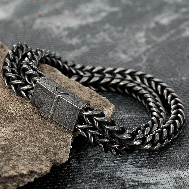 Black Vintage Men's Punk Bracelet – Double Chain Titanium Steel 12MM Wide