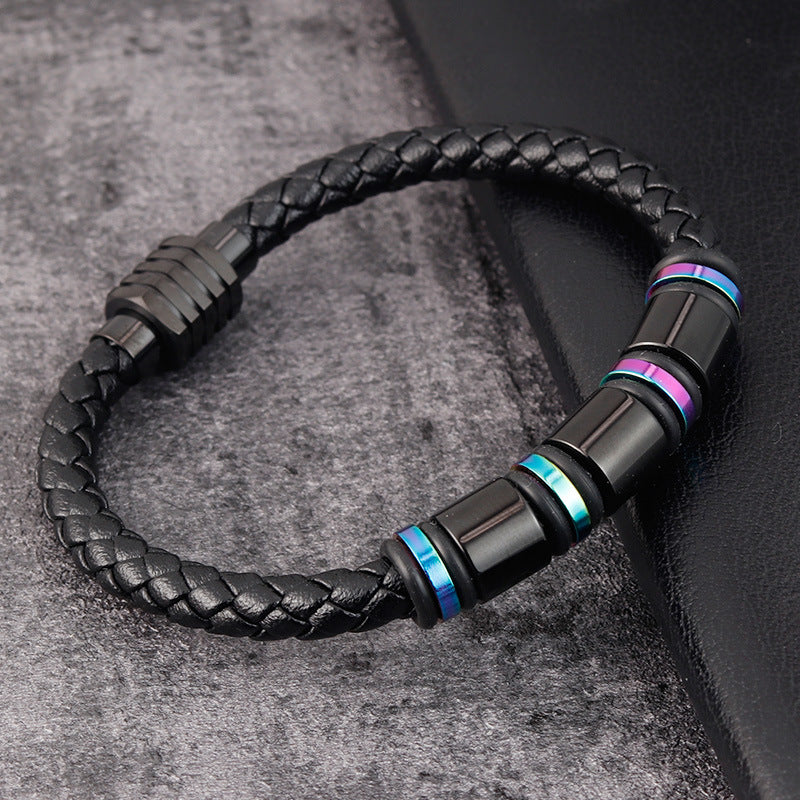 Men’s Leather Bracelet – Simple Geometric Design with Titanium Steel Clasp, Polished Finish, 19CM & 21CM