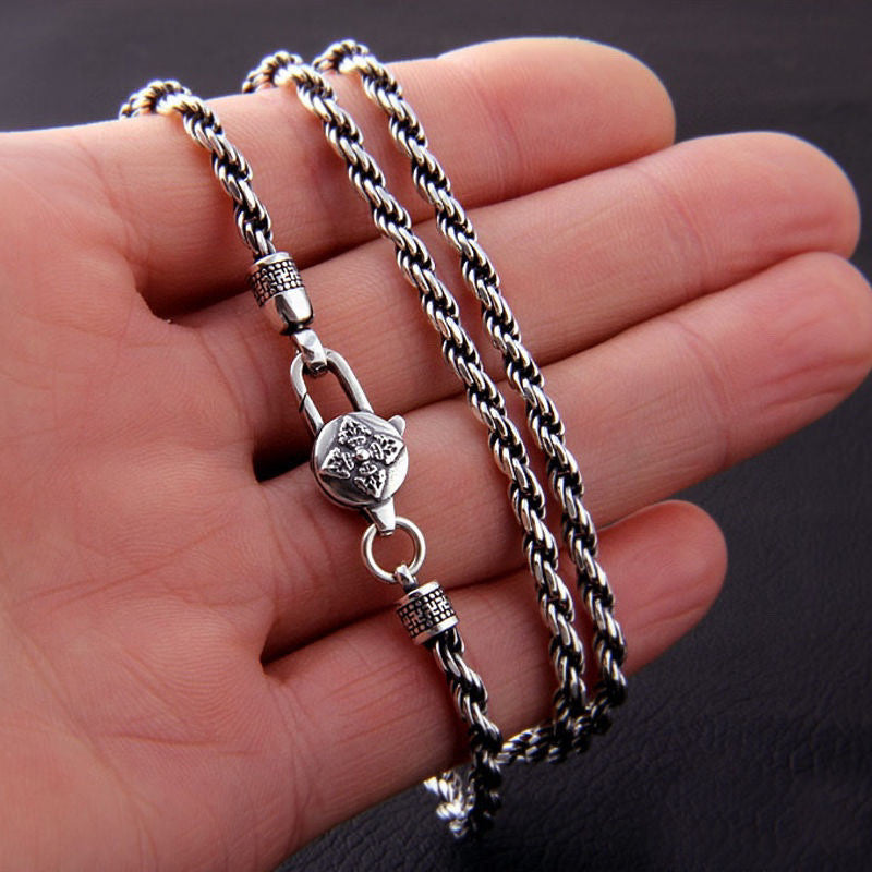 Men’s Fashion Simple Vintage Six Character Necklace – Geometric Silver Pendant in Multiple Lengths