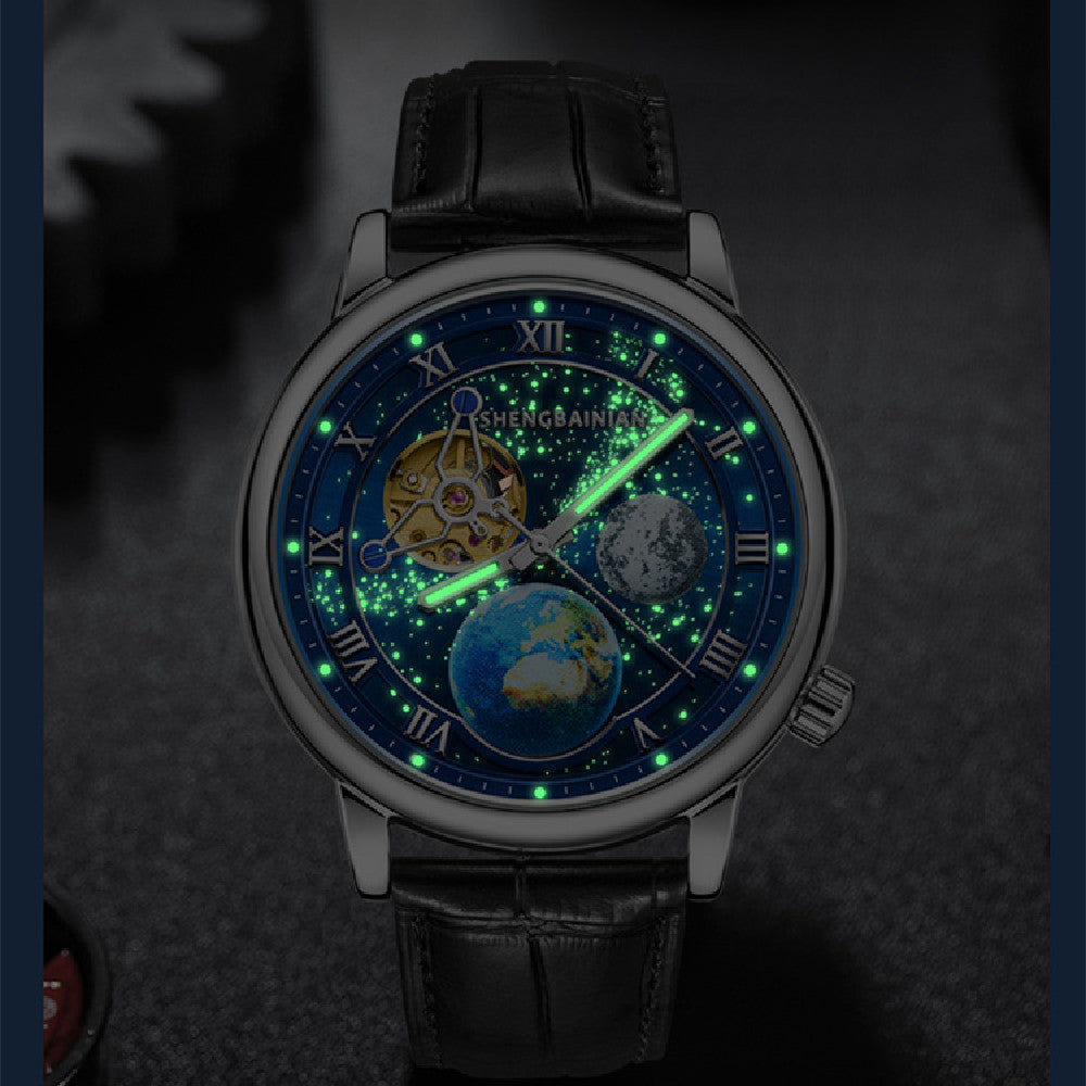 Men’s Luminous Starry Sky Mechanical Watch – Perspective Window, 20M Waterproof, Stylish Leisure Wristwatch