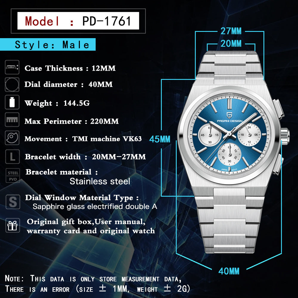 Men’s Blue Chronograph Quartz Watch – 100ATM Waterproof, Luminous Dial, Sapphire Glass, Stainless Steel Band