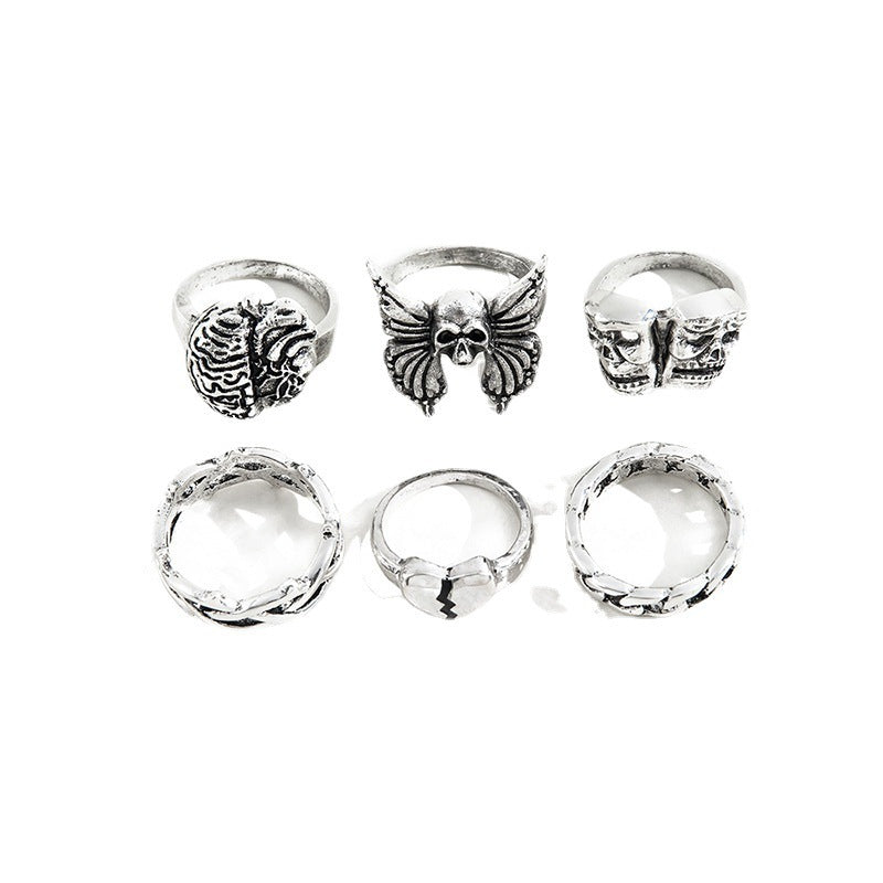Men’s Fashion 6 Ring Bundle Vintage Exaggerated Skull Hollow Brain Love Necronomicon Ring