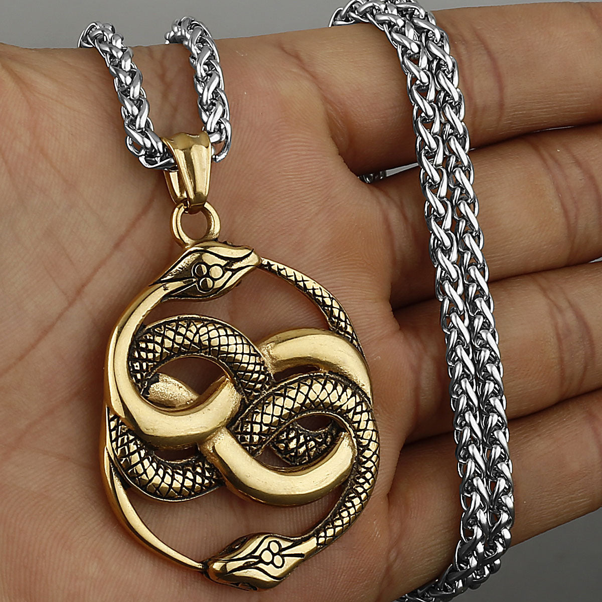 Men’s Fashion Double Snake Staff Pendant Necklace – Titanium Steel Electroplated Jewelry in Gold or Steel