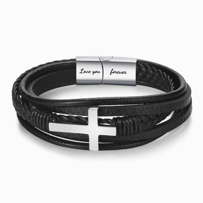 Men’s Stainless Steel Cross Fashion Bracelet – Minimalist Leather & Steel Plated Band, Black & Steel