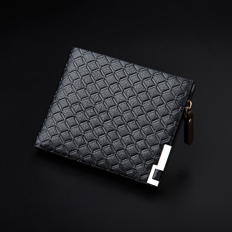 Men’s Short Business Wallet – Embossed PU Leather Plaid Design