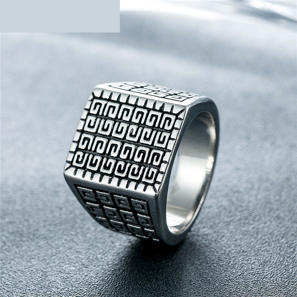 Square Simple Men’s Titanium Steel Ring – Retro Style Stainless Steel Band in Steel & Gold