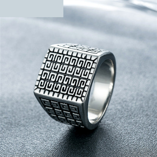 Square Simple Men’s Titanium Steel Ring – Retro Style Stainless Steel Band in Steel & Gold