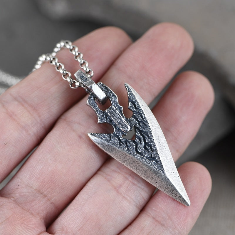 Men’s Vintage Silver Weapon Pendant Necklace – Geometric Electroplated Chain with Stone Accent
