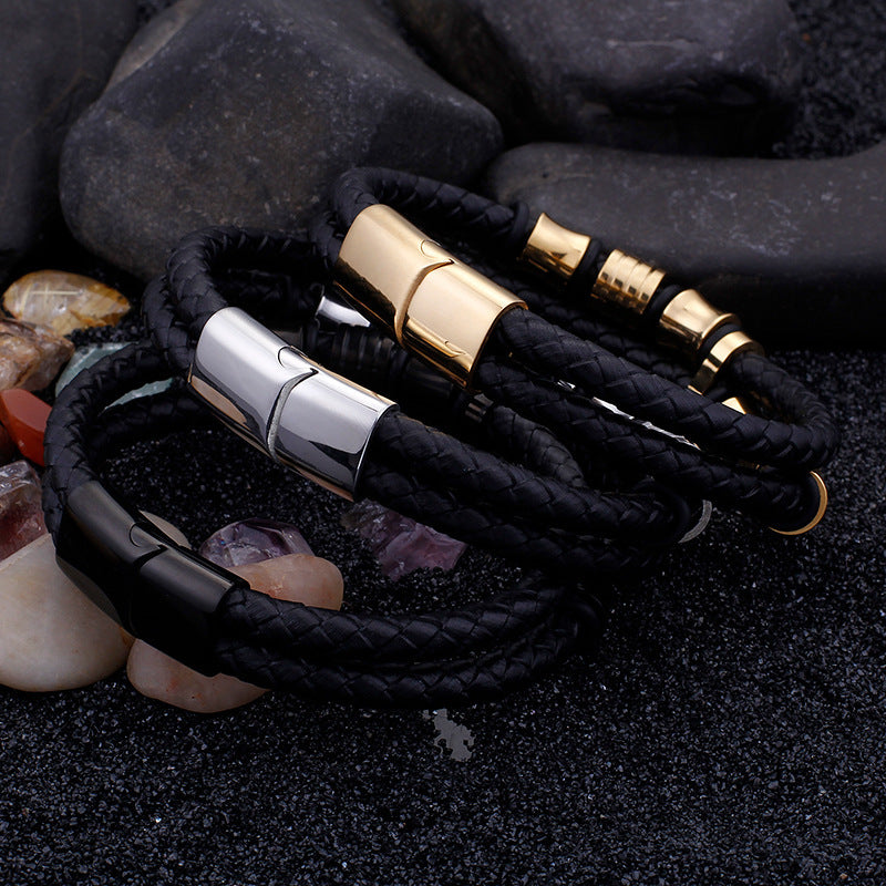 Gold Stainless Steel Leather Bracelet for Men – Black Wrap Wristband with Magnetic Clasp