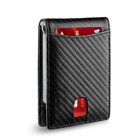 Men’s Anti‑Theft RFID Blocking US Dollar Clip Leather Card Holder – Carbon Fiber Black