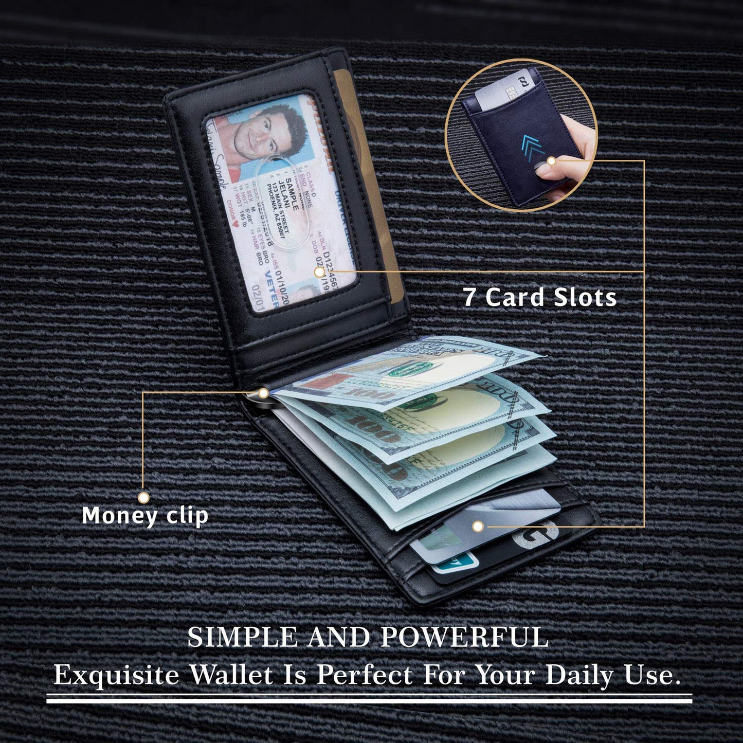 Men’s Anti‑Theft RFID Blocking US Dollar Clip Leather Card Holder – Carbon Fiber Black