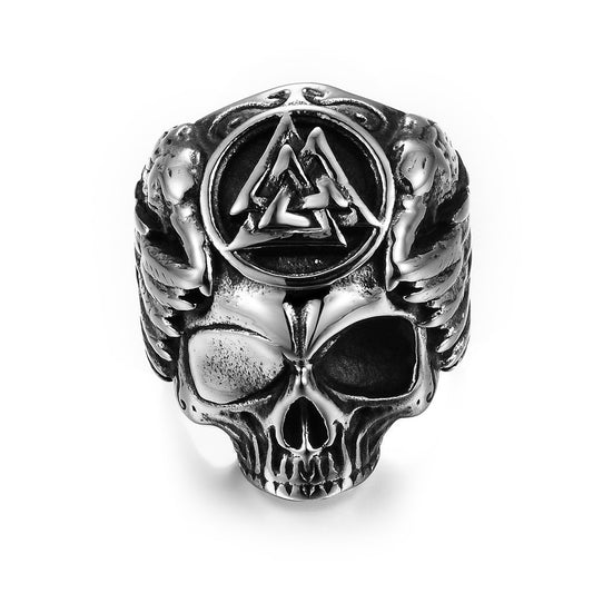 Odin with Ravens Viking Ring – Norse Valknut Skull Stainless Steel Men’s Amulet Jewelry