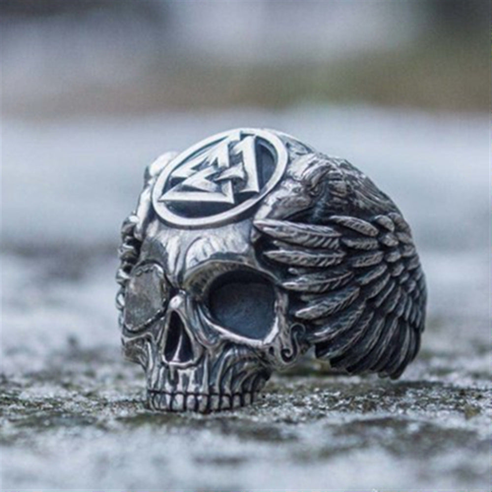 Odin with Ravens Viking Ring – Norse Valknut Skull Stainless Steel Men’s Amulet Jewelry