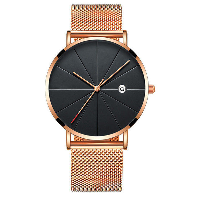 Ultra-Thin Men's Quartz Watch with Calendar – Casual Style, Stainless Steel Mesh Band
